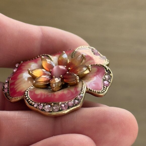 Vintage LC Liz Claiborne Brooch Pin Flower Orange Pink Enamel Rhinestones Signed - Picture 3 of 9